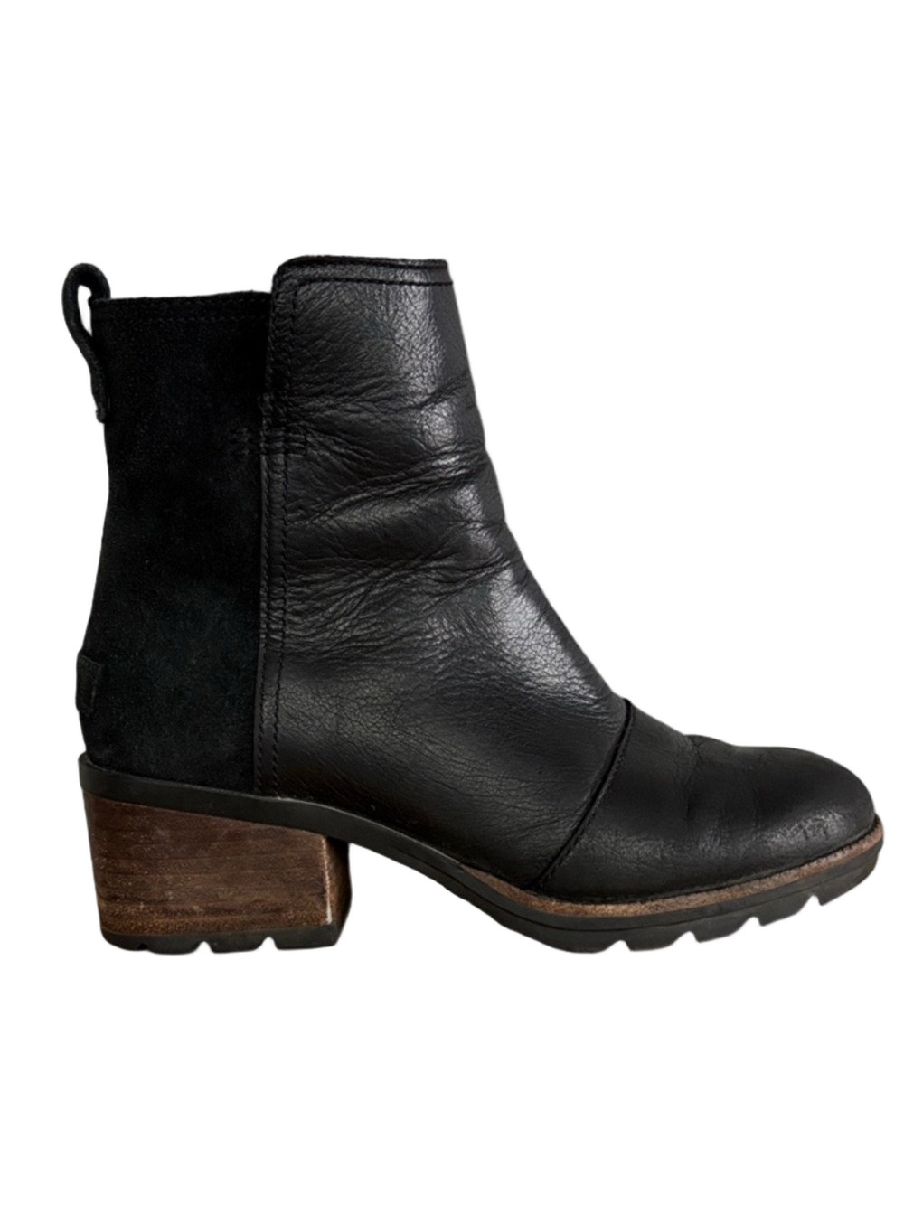 Sorel Cate Chelsea Black Leather and Suede Ankle Heeled Boots size 5.5